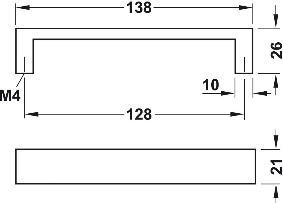 Meubelgreep aluminium 138x26mm - boormaat 128mm